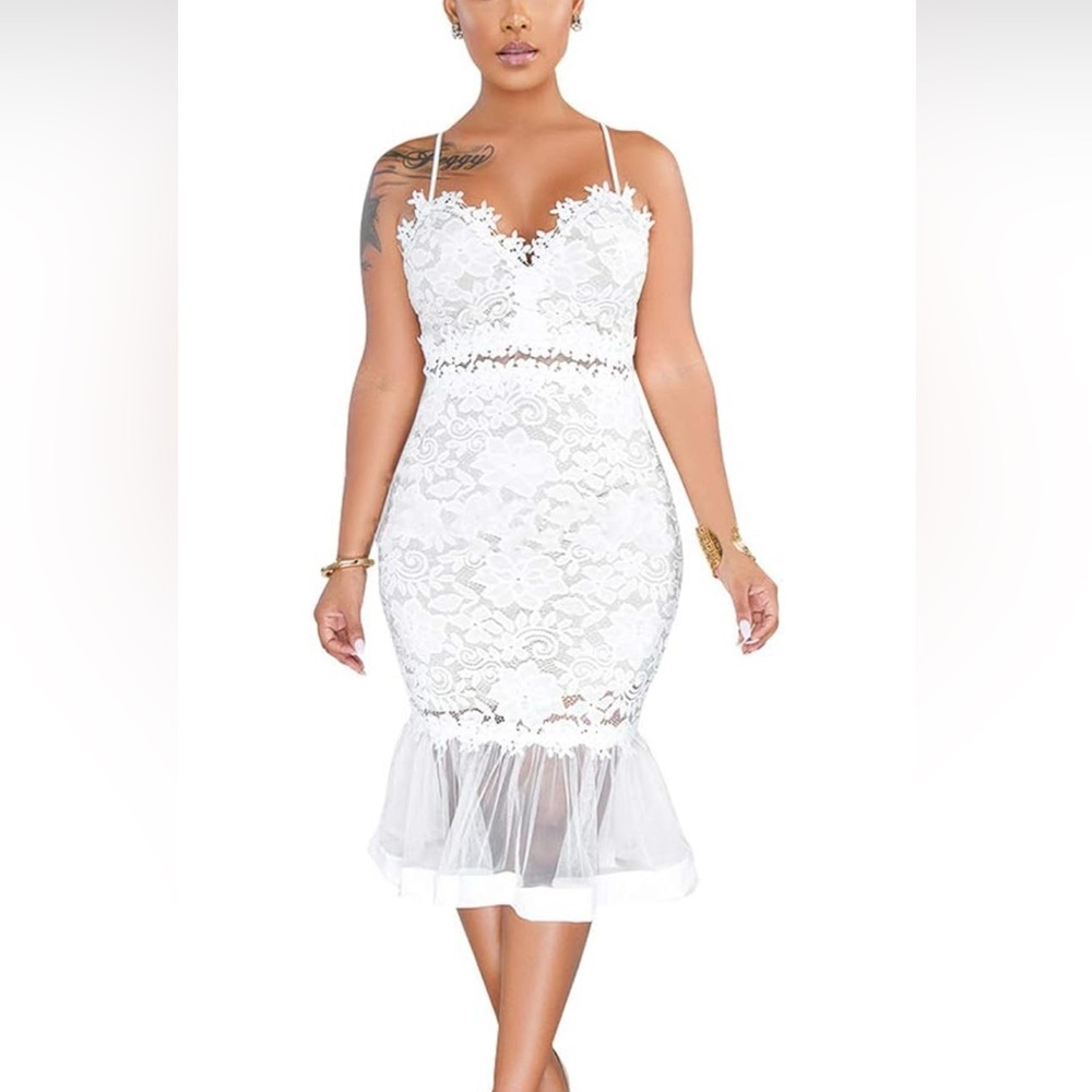 Off White Lace Floral V Neck Spaghetti Strap Mermaid Midi Dress Tulle L | XL